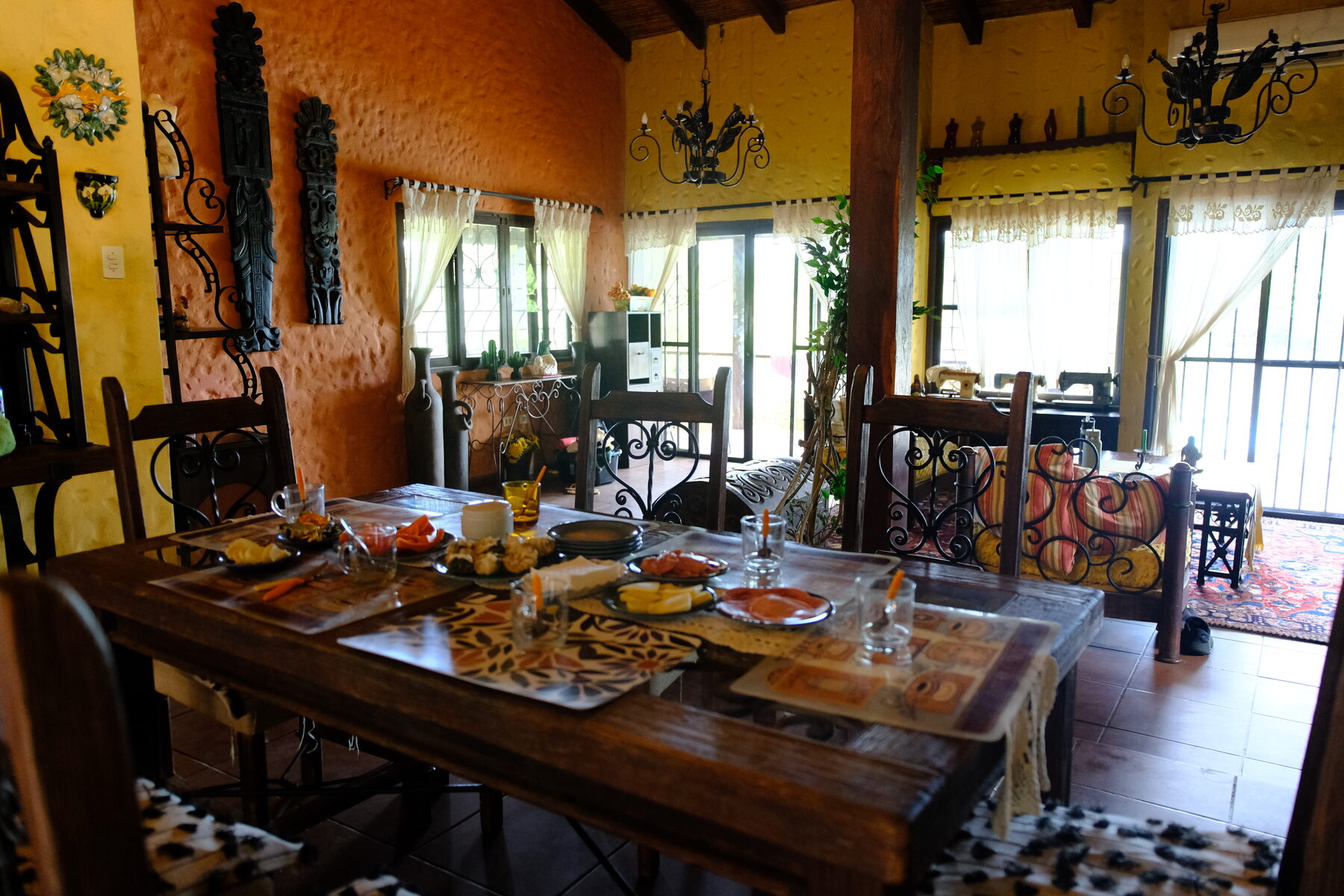 A long table laid for the group before a meal